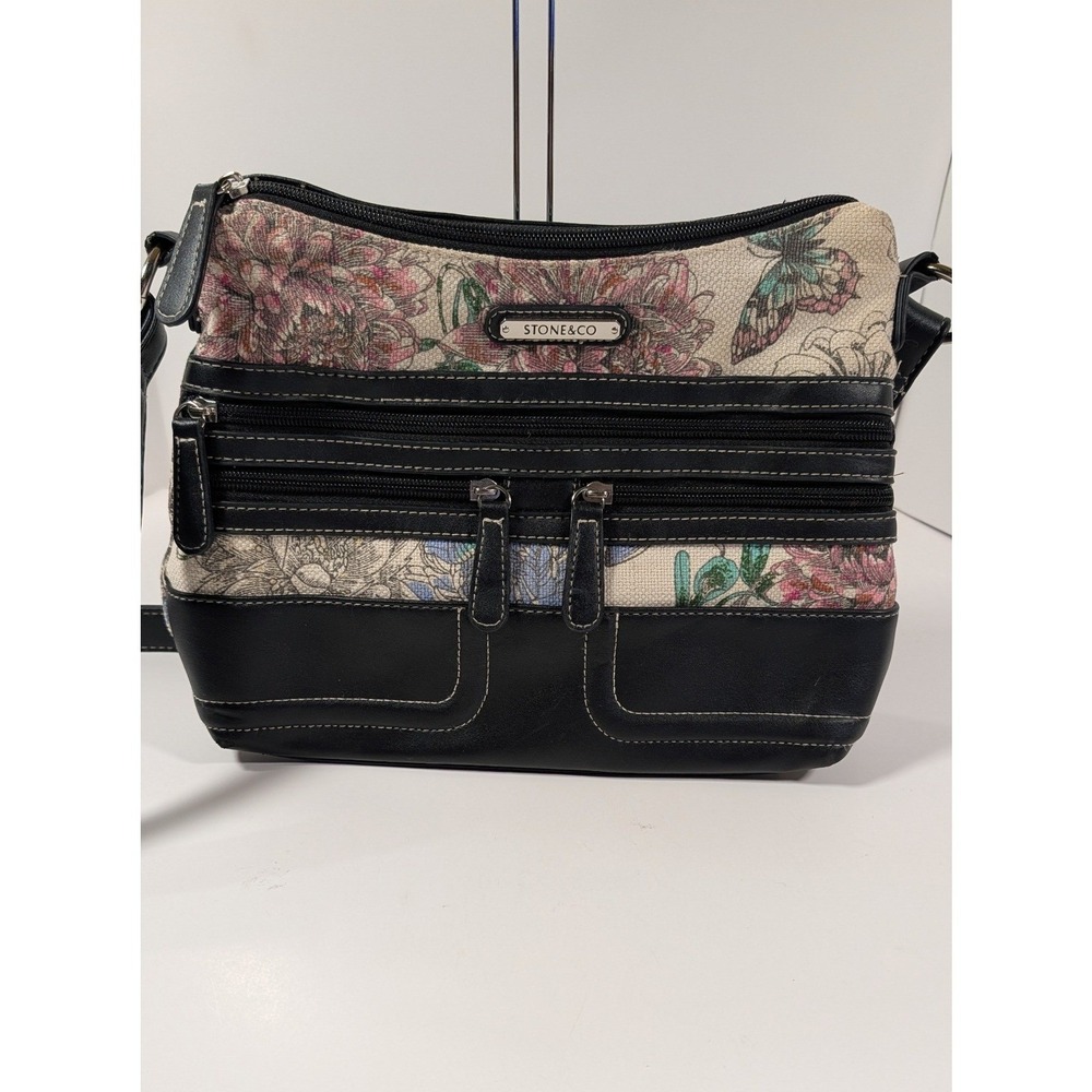 Stone & Co Floral Butterfly Tapestry Crossbody Bag Black Faux Leather Trim